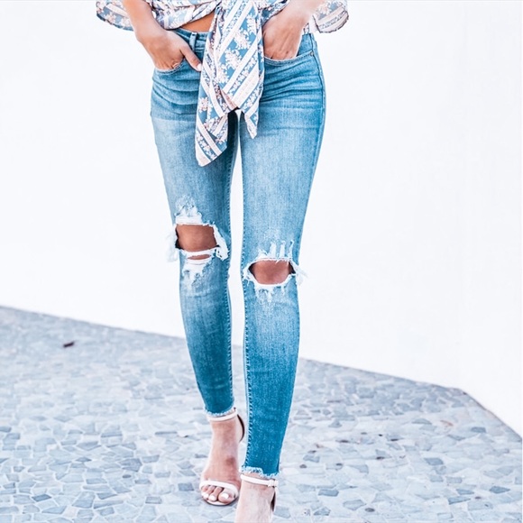 Denim - Distressed Denim Med Wash Ankle Skinny Jeans